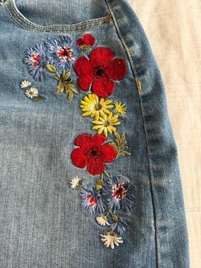 Light Blue Embroidered Floral Denim Mini Skirt